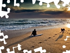 Surfer, Pies, Morze, Plaża