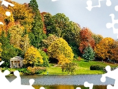 Jesień, Drzewa, Kolorowe, Rzeka, Domek, Most, Alejki