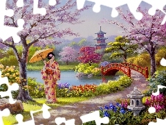 Most, Kobieta, Rzeka, Ogród, Kwiaty, Japonka