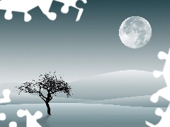 Księżyc, Śnieg, Zima, Grafika, Drzewo