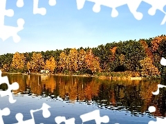 Liście, Drzewa, Jezioro, Niebo, Jesień