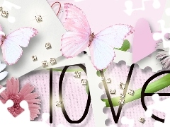 Motyle, Kwiaty, Napis, Love