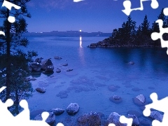Tahoe, Drzewa, Noc, Jezioro, Kalifornia, Kamienie