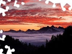 Zachód Słońca, Mgła, Góry, Chmury