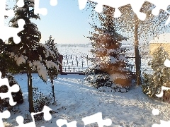 Śnieg, Płot, Drzewa