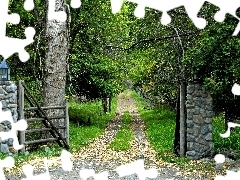 Brama, Ogród, Drzewa, Ścieżka