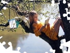 Woda, Książki, Dziewczynka, Drzewo