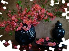 Kwiaty, Różowe, Granatowa, Porcelana