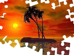 Morze, Słońce, Wyspa, Grafika, Palmy