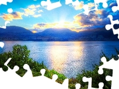 Słońce, Zachodzące, Jezioro, Wzgórza