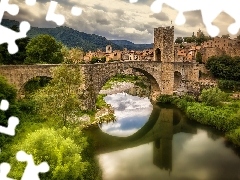 Rzeka, Most, Besalu, Krzewy, Hiszpania