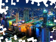 Rzeka, Nocą, Bangkok, Most, Miasto