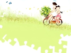 Rower, Kwiaty, Dzieci