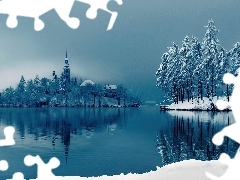 Drzewa, Śnieg, Wyspa, Zima, Jezioro