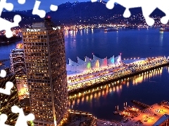 Vancouver, Miasta, Panorama, Oświetlonego