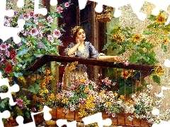 Reprodukcja, Balkon, Kobieta, Obrazu, Kwiaty
