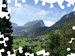 Domy, Góry, Dolina, Kanisfluh, Drzewa, Austria
