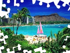 Hawaje, Wyspa, Oahu, Plaża, Katamaran, Waikiki