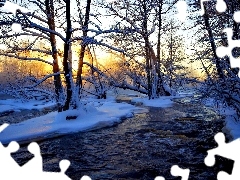 Rzeka, Śnieg, Drzewa, Zachód Słońca