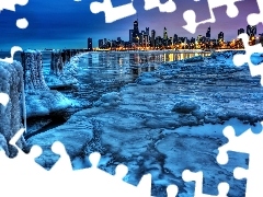 Michigan, Nocą, Jezioro, Panorama, Lód, Chicago