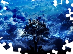 Noc, Ludzie, Chmury, Drzewo