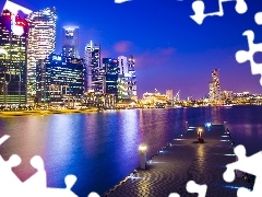 Noc, Molo, Miasto, Wieżowce, Singapur, Zatoka