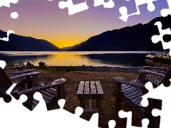 Jezioro, Góry, Zachód, Krzesła, Słońca