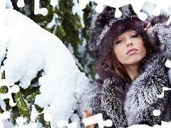 Śnieg, Czapka, Kobieta, Drzewo, Zimowa