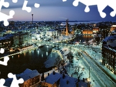 Miasto, Ośnieżone, Ulice, Finlandia, Zima, Tampere