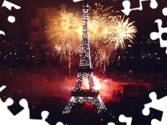 Fajerwerki, Noc, Wieża Eiffla, Paryż