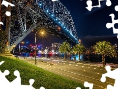 Droga, Noc, Światła, Rzeka, Australia, Sydney, Palmy, Most