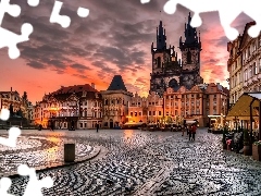 Wieże, Miasto, Domy, Praga, Zachód Słońca, Czechy
