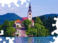 Bled, Góry, Kościół, Słowenia, Jezioro