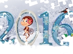 Nowy Rok 2016, Ptaszek, Zima, Małpka, Grafika, Bałwanek