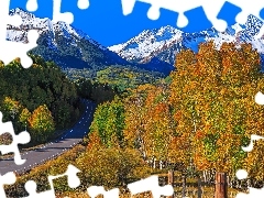 Góry, Droga, Jesień, Drzewa