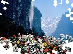 Góry, Wodospad, Kwiaty