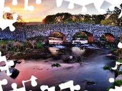 Kamienie, Most, Rzeka, Zachód słońca