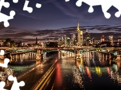 Miasto, Rzeka, Most, Niemcy, Noc, Frankfurt