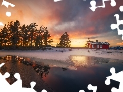 Drzewa, Domek, Jezioro, Ringerike, Zachód Słońca, Norwegia, Zima