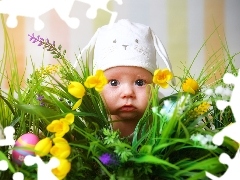 Kwiaty, Wielkanoc, Dziecko, Czapeczka