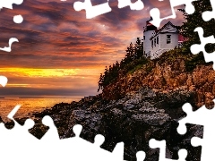Morze, Bass Harbor, Skały, Latarnia morska, Stany Zjednoczone, Stan Maine, Zachód słońca, Park Narodowy Acadia