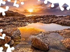 Morze, Plaża Boulders Beach, Zachód słońca, Republika Południowej Afryki, Kamienie, Półwysep Przylądkowy