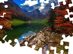 Drzewa, Polana, Domy, Jezioro, Jesień, Góry Alpy