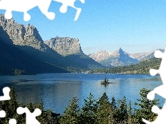 Jezioro Saint Mary Lake, Park Narodowy Glacier, Góry, Stany Zjednoczone, Drzewa, Stan Montana