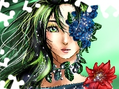 Zielonowłosa, Kwiaty, Liście, Kobieta