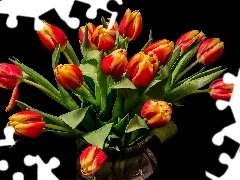 Wazon, Czerwono-żółte, Tulipany, Kwiaty, Tło czarne, Bukiet