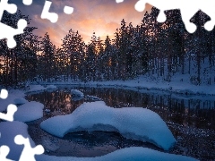 Drzewa, Norwegia, Śnieg, Jezioro, Zima, Gmina Ringerike