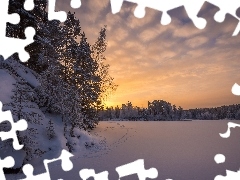 Zima, Wschód słońca, Las, Jezioro Näsijärvi, Zamarznięte, Drzewa, Świt, Finlandia, Domy, Ślady, Rejon Pirkanmaa, Tampere