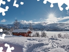 Sykkylven, Zima, Promienie słońca, Góry, Droga, Region More og Romsdal, Norwegia, Dom