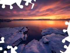 Zima, Jezioro Tyrifjorden, Chmury, Kamienie, Norwegia, Śnieg, Zachód słońca